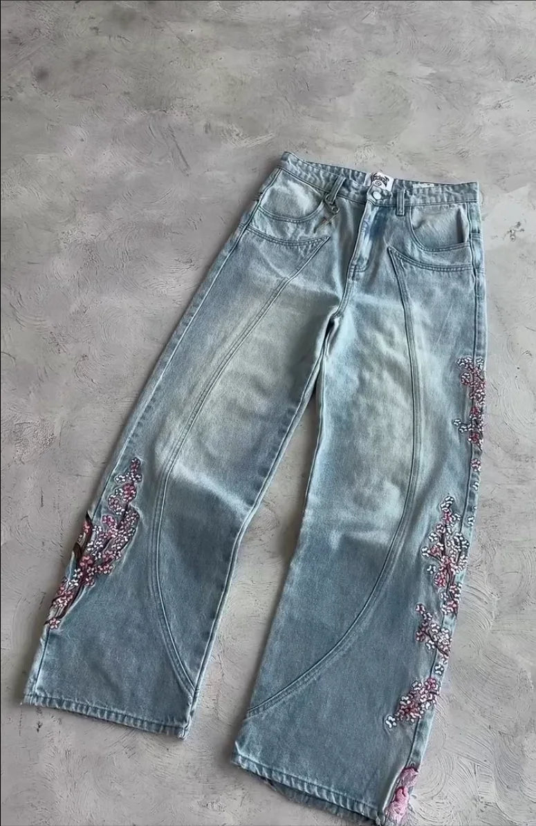 STORESDE Men Women Cherry Blossom Knight All Embroidery Denim Pants Y2k Vintage Baggy Street Straight Jeans High Waisted Washed Blue Jean