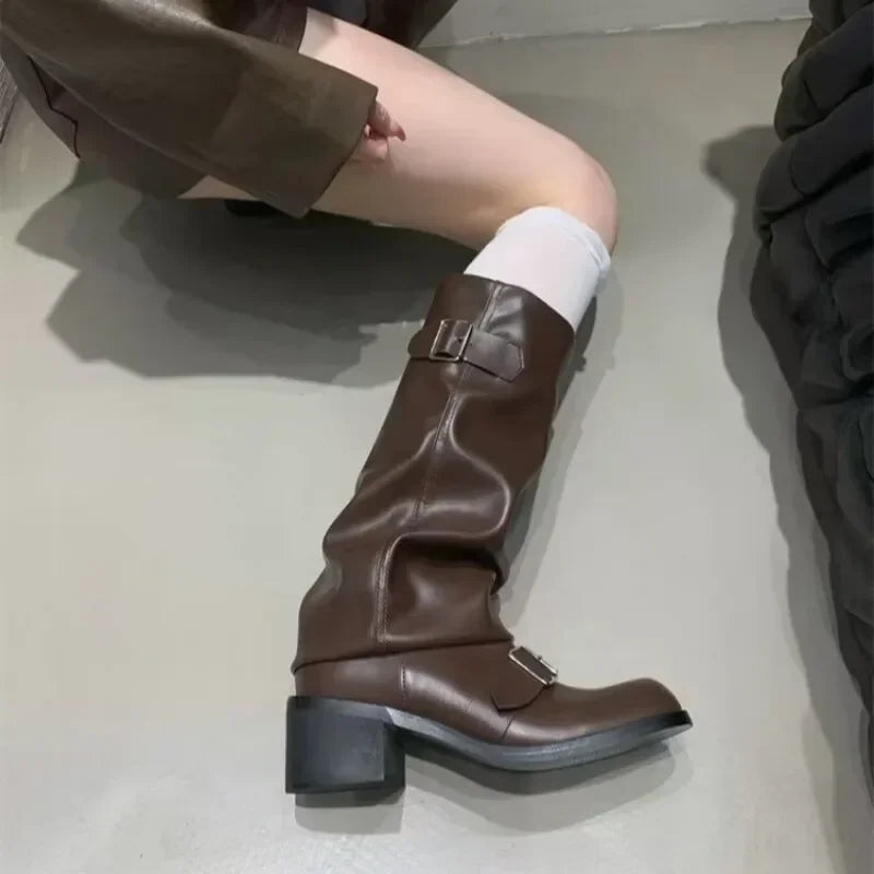 STORESDE Woman Boots Knee High Platform Chunky Heels Trend Punk Gothic New Rock Leather Fashion Women's Shoes Motorcycle Footwear Q221
