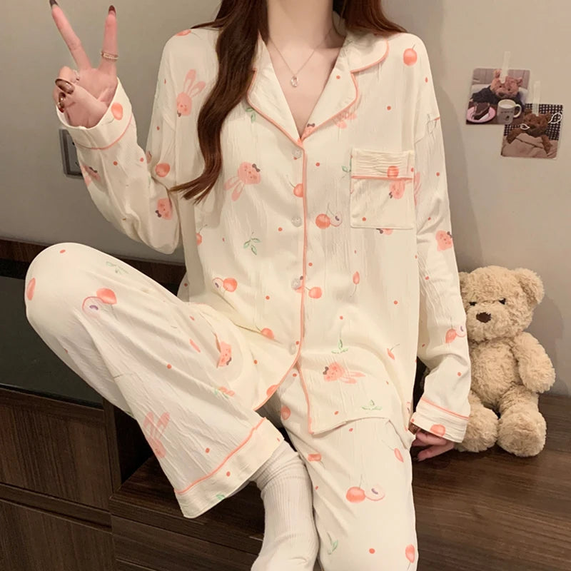 STORESDE Pink Bow Tie Design Pajamas for Women Long Sleeve Top & Elastic Waist Pants Pajamas Set Harajuku Style Casual New Home Wear