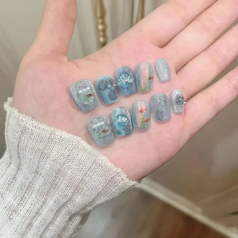 STORESDE 10Pcs Short French False Nail Gradient Blue Press on Nails with Diamond Pearl Design Full Cover Wearable Ballet Fake Nails Tips