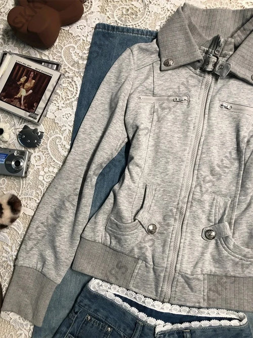 STORESDE Vintage Coat Zipper Slim Y2k 2000s Womens Goth Punk Streetwear Polo Jacket Sweatshirt Basics Hoodie Autumn Winter Fashion Grunge