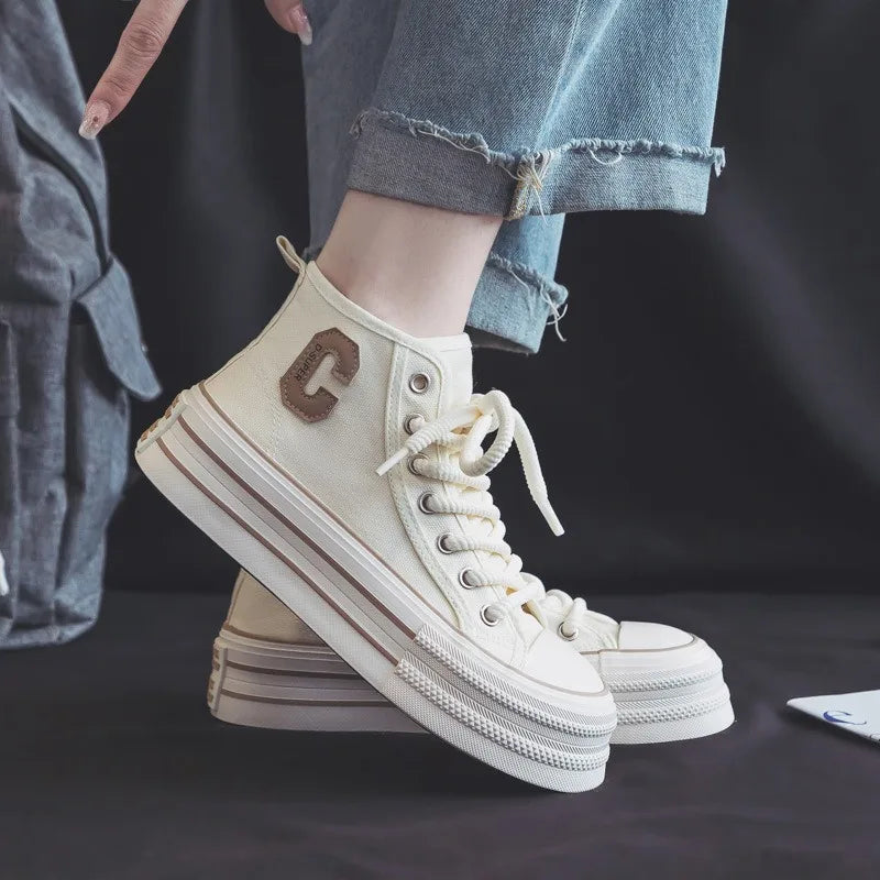 STORESDE 2026 Summer Women's Sneakers New Canvas Lace-Up Women's Sports Shoes Breathable Platform Sneakers Shoes White Casual Women Shoes