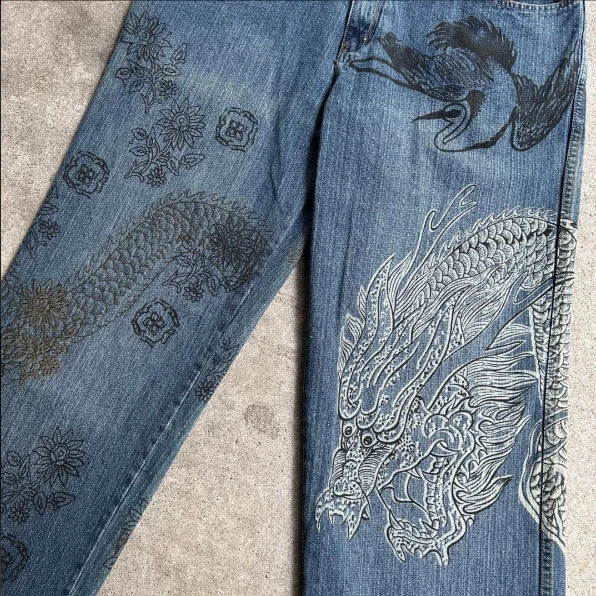 STORESDE Japanese Dragon Knitted Jeans Men Women Baggy Fit High Street Urban Casual Trendy Fashion Hip Hop Streetwear Daily Wear Style