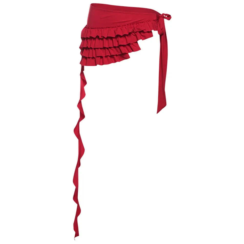 STORESDE Embroidered Flower Lace Mini Skirt Irregular See Through Ruched Skirts Lace-up Design High Waist Pleated Skirts