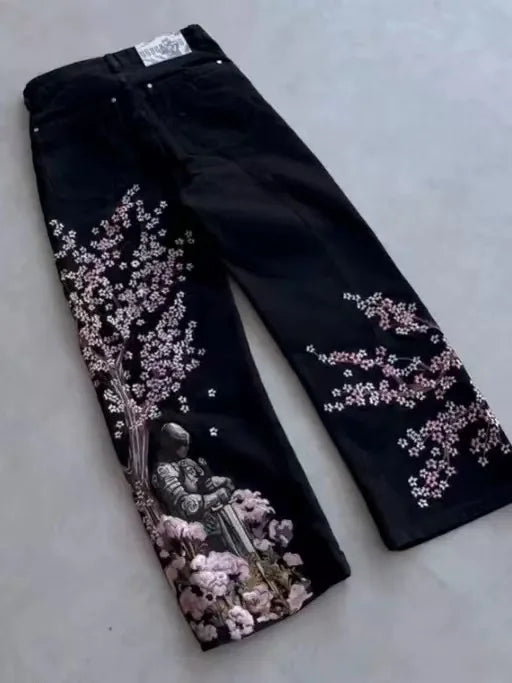 STORESDE New Black Wide Leg Denim Jeans Men Dragon Print Cherry Blossom Embroidery Vintage Washed Loose Harajuku Streetwear Casual Pants