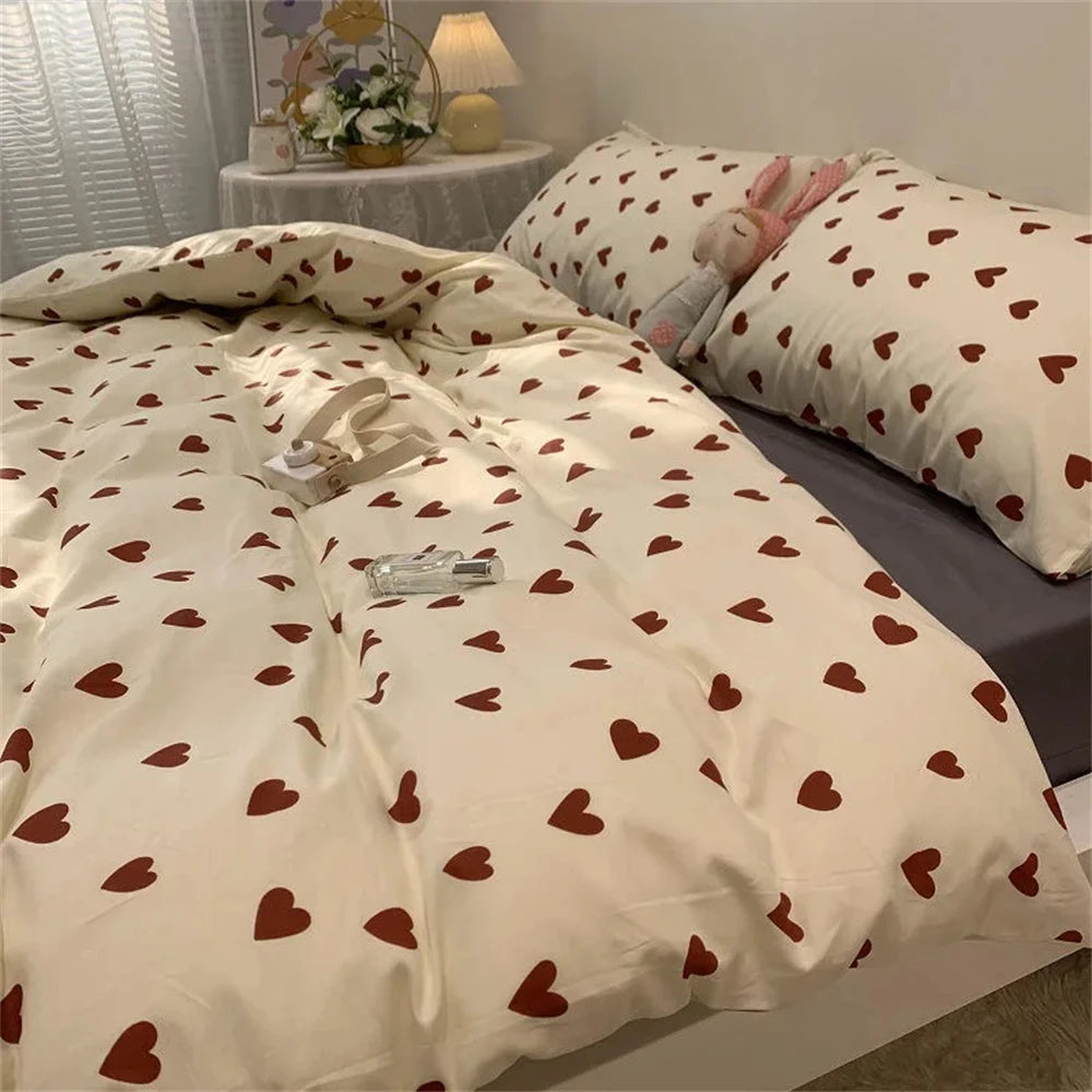 STORESDE Korean Style Bedding Set Kid Adult Twin Full Queen Size Bed Flat Sheet Set Pillowcase Bed Linen Love Heart Duvet Cover