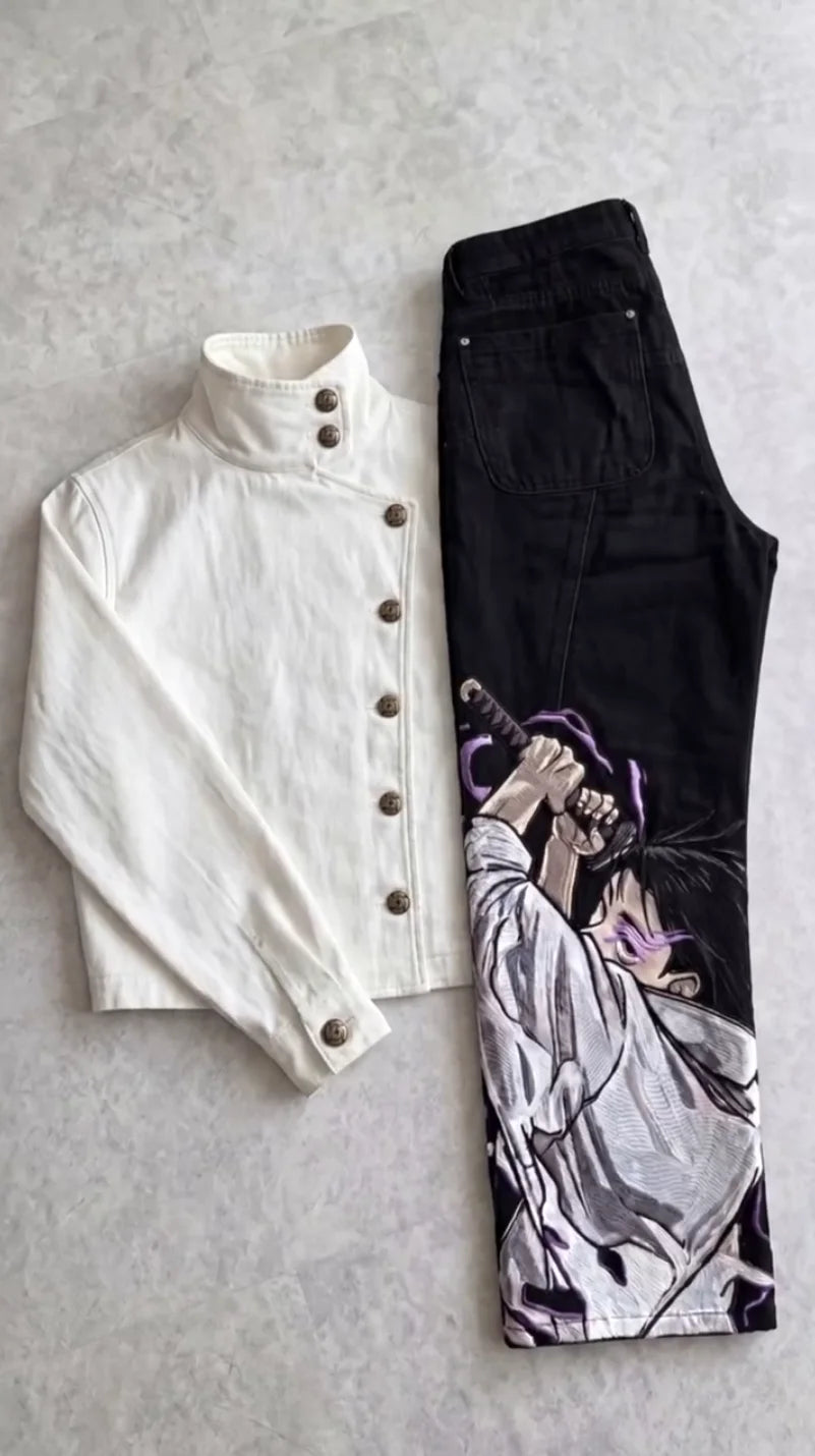 STORESDE Anime Character Embroidered Jeans Men Y2K Gothic Punk Straight Leg Loose High Waisted Jeans Street Retro Dark Denim Cargo Pants