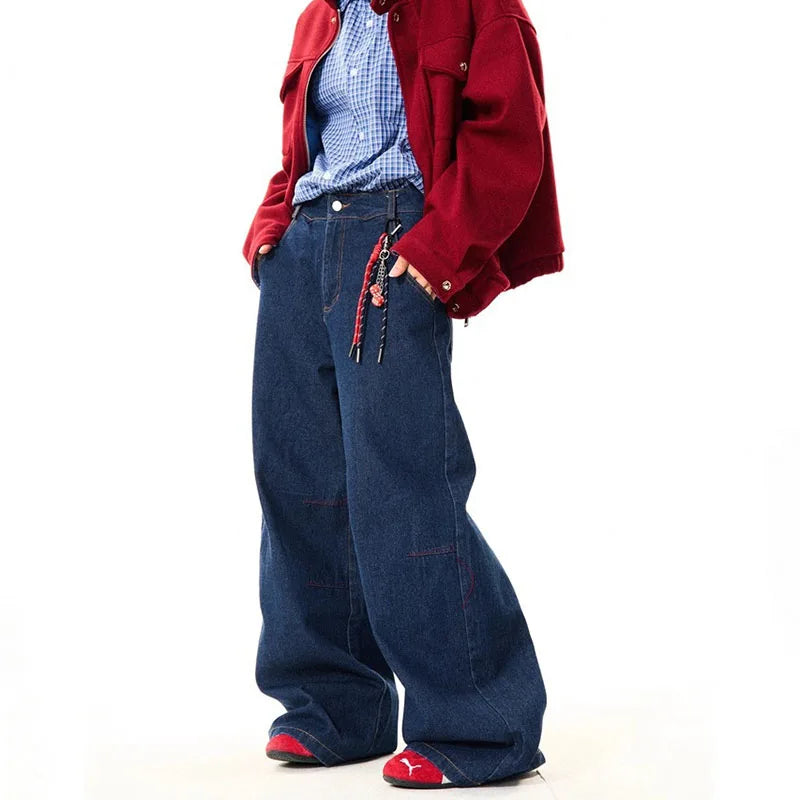 STORESDE New Korean Retro Blue Straight Leg Jeans Casual Loose Wide Leg Pants Fashion Men's Wide Jeans High Quality Pants