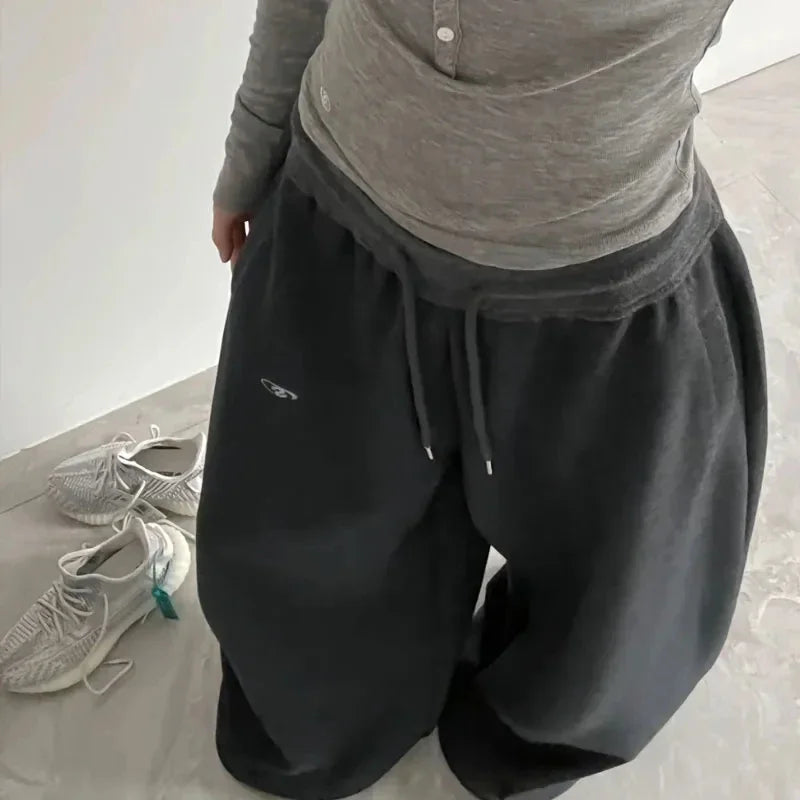 STORESDE American Retro Flame Letter Print Detachable Strap Scimitar Pants Jazz Casual Hip-Hop Loose Wide-Leg Fashion Jogging Sweatpants