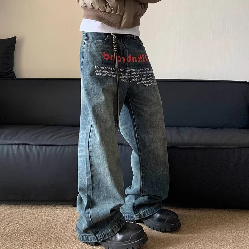 STORESDE Korean Version Retro Letter Printed Jeans For Men Loose Straight Leg Wide Leg Pants High Street Hip-Hop Design Casual Pants