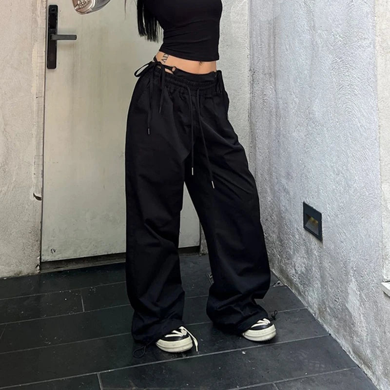 STORESDE Women American Wide Leg Pants Vintage Loose Drawstring Cargo Trousers High Waisted Jazz Hiphop Casual Summer Dance Pants