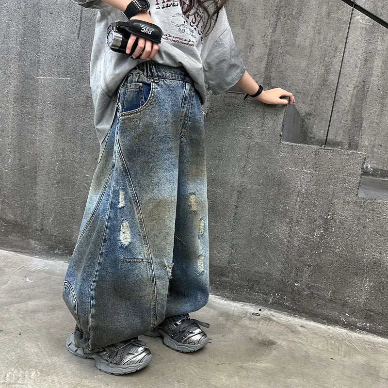 STORESDE American Tween Girl High Fashion Distressed Wide Leg Banana Jeans for Child Luxury Denim Pants Kids Dirty Washed Jeans Trousers