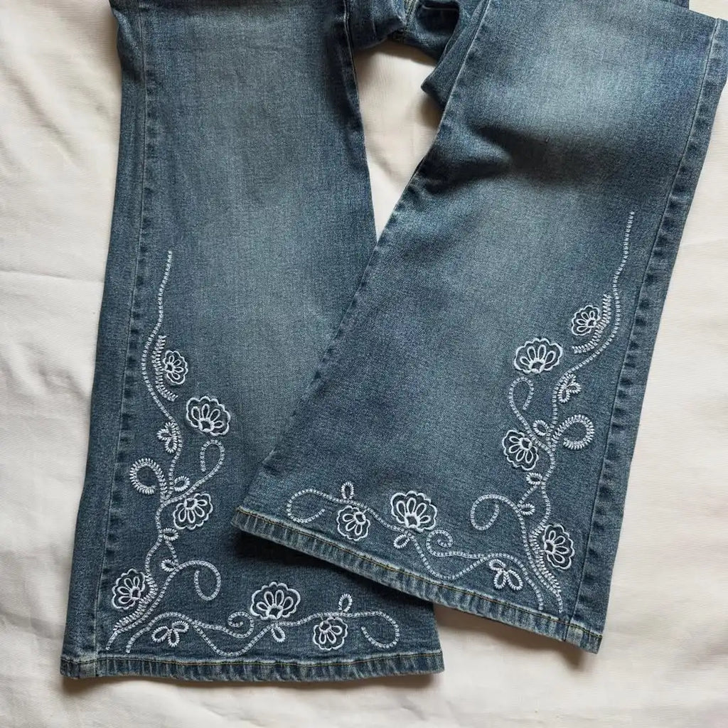 STORESDE Solid Color Washed Geometry Floral Embroidery Element Baggy Wide-leg Jeans Commute Korean Style Popular Straight-leg Jeans