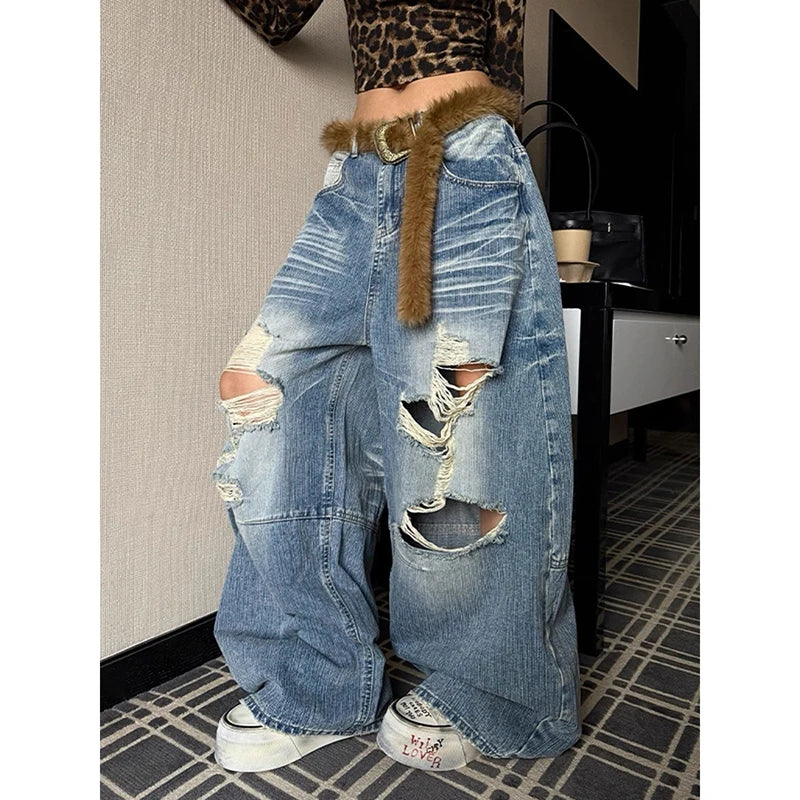 STORESDE ZHIZOU Women Blue Baggy Y2k Ripped Jeans Hip Hop Grunge Wide Jean Pants Vintage 2000s Harajuku Denim Trousers Clothes Summer