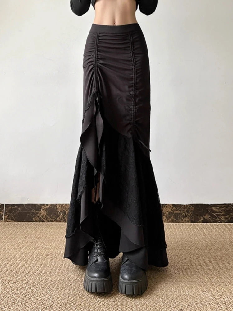 STORESDE Y2k Spicy Girl Skirts Solid Color Lace Patchwork Draw String Irregular Long Skirt Harajuku Design Streetwear Women's Clothing