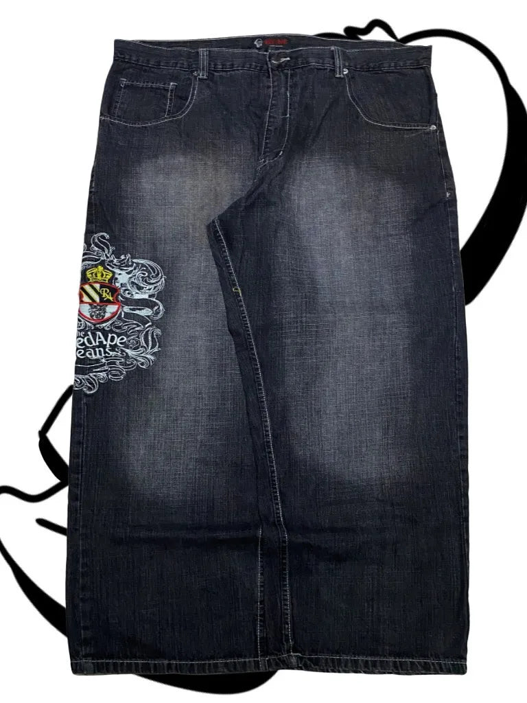 STORESDE American Fashion Printing Jeans Hip Hop Baggy Cross-legged Jeans Grey Wash Straight Mop Pants Men and Women