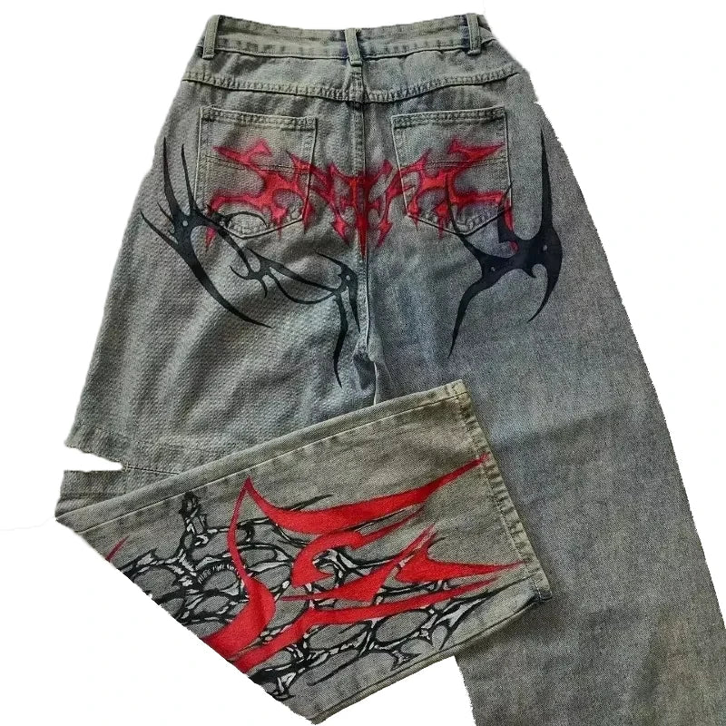 STORESDE 2025 New American Trend Retro Hip-hop Embroidery Pattern Baggy Jeans For Men And Women Y2K Harajuku Gothic Wide Pants Streetwear