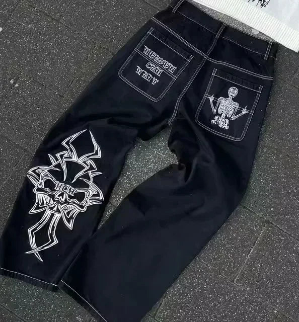 STORESDE Y2K Black Baggy Cargo Jeans Men Horse Back Pocket Embroidery Cursive Wild Ride Distressed Cut Out Wide Leg Casual Denim Trouser