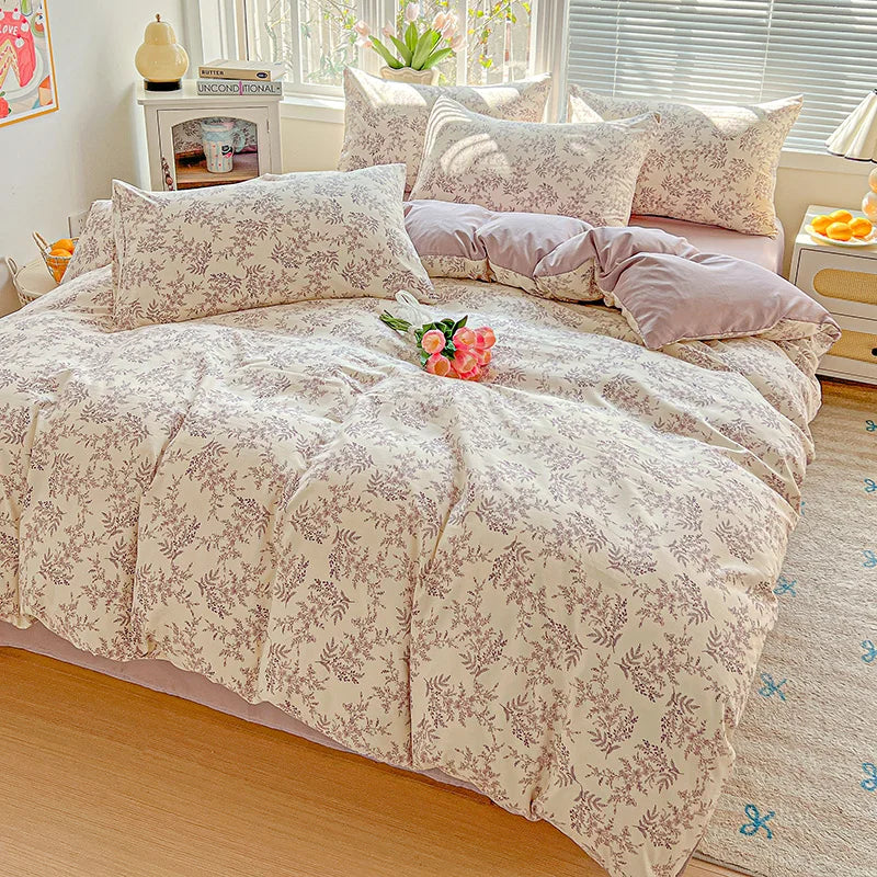 STORESDE American Pastoral Floral Printed Bedding Set Soft Skin-Friendly Double King Size Duvet Cover Set with Flat Sheet and Pillowcases