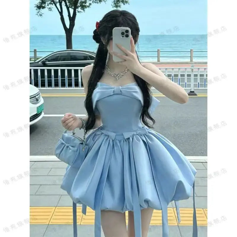 STORESDE 2026 Japanese Summer Blue Pure Desire One Shoulder Birthday Dress Thousand Gold Style Bow Knot Slim Short Sleeve Women's Dress