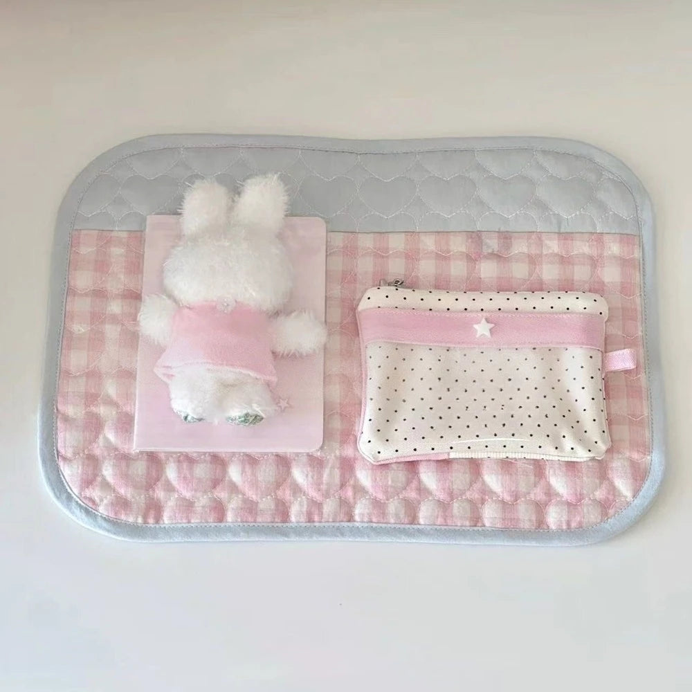 STORESDE Cute New Pink Love Quilted Japanese Style Ancient Table Mat Tablecloth Ins Style Student Desk Material Heart Shaped Table Mat