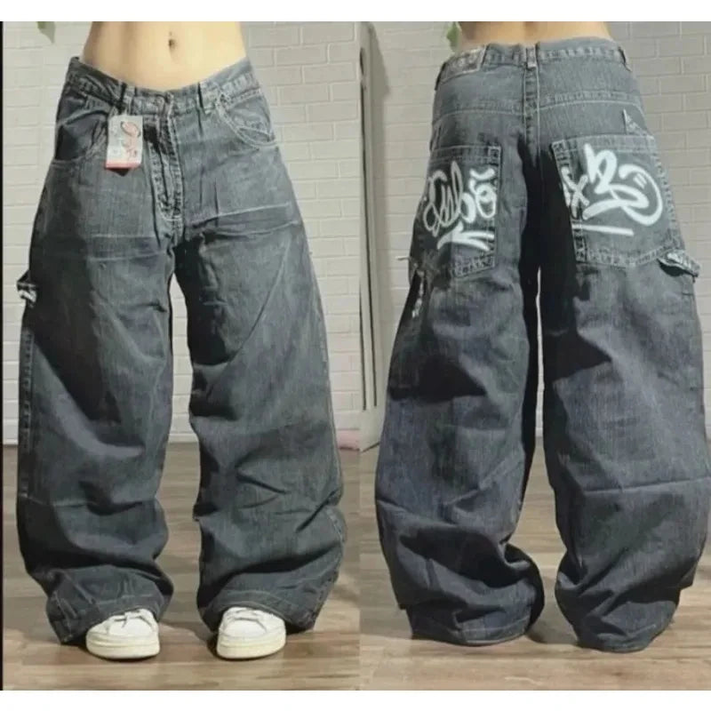 STORESDE American New Fashion Letter Embroidery Stitching Old Baggy Jeans Women Y2K Harajuku  Popular High Waist Wide Leg Trousers