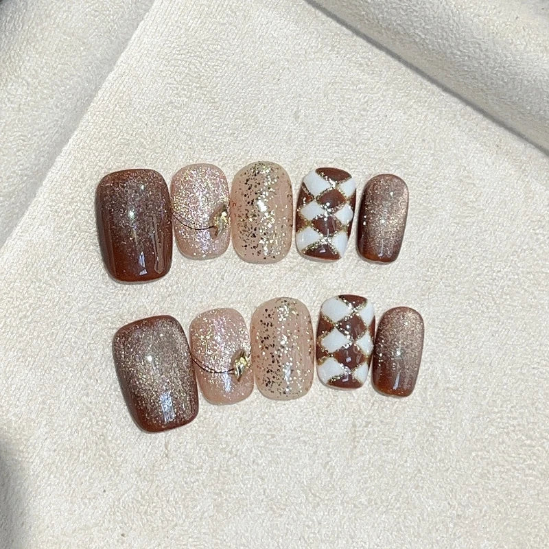 STORESDE 10Pcs Brown Cat Eye Short Square Fake Nails Hand Painted Checkered Star Press on False Nail with Glue Simple Full Over Nail Tips