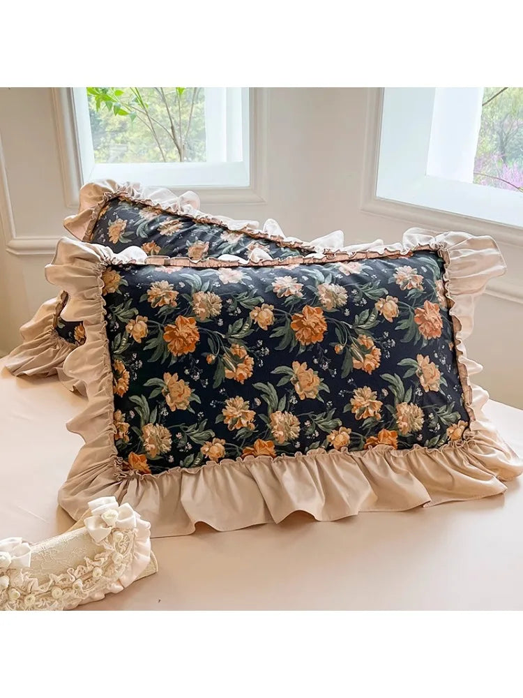 STORESDE 1 Piece Ins Romantic Pillowcase Princess Ruffle Pillow Cover Cotton Cloth Print Pillow Case Floral Design Cushion Covers