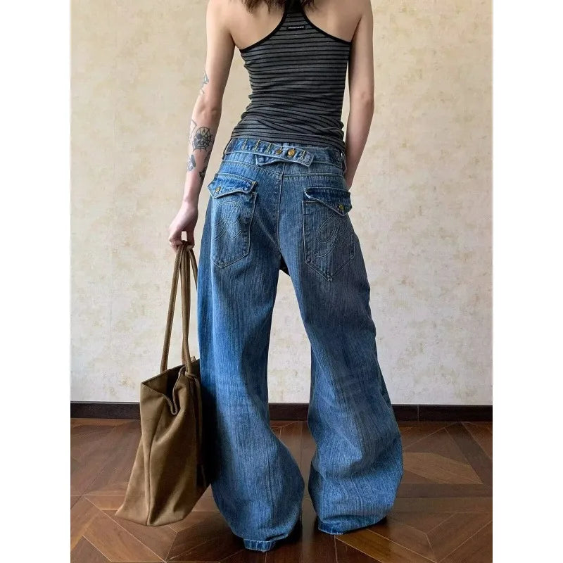 STORESDE Womens Jeans Vintage American Design Distressed Denim Womens Pants Loose Fit Straight Leg Trousers For Casual Wear