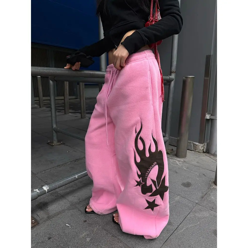 STORESDE 2025 New Autumn American Design Flame Print Drawstring Wide-leg Casual Sweatpants for Men and Women Loose Pink Fashion Trousers