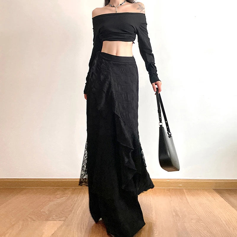 STORESDE Y2K Black Long Skirt Women Harajuku Gothic Lace Asymmetrical Maxi Skirts Summer Korean Ruffles Patchwork Bandage Design Faldas