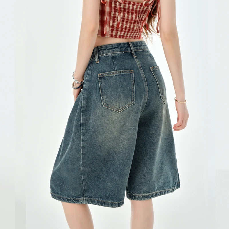 STORESDE Loose Wide Leg Denim Knee Length Pants Women American Vintage Slimming Shorts