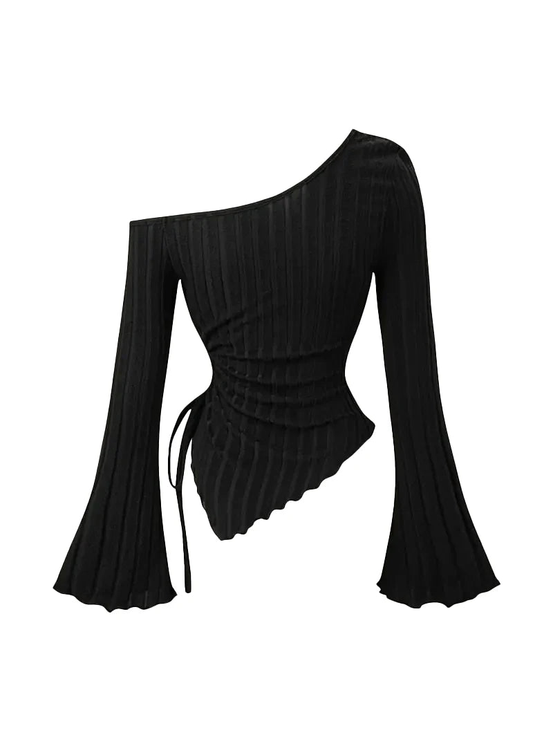STORESDE women's New off shoulder cross long sleeved slim fit casual street style asymmetrical elegant T-shirt trumpet sleeve top