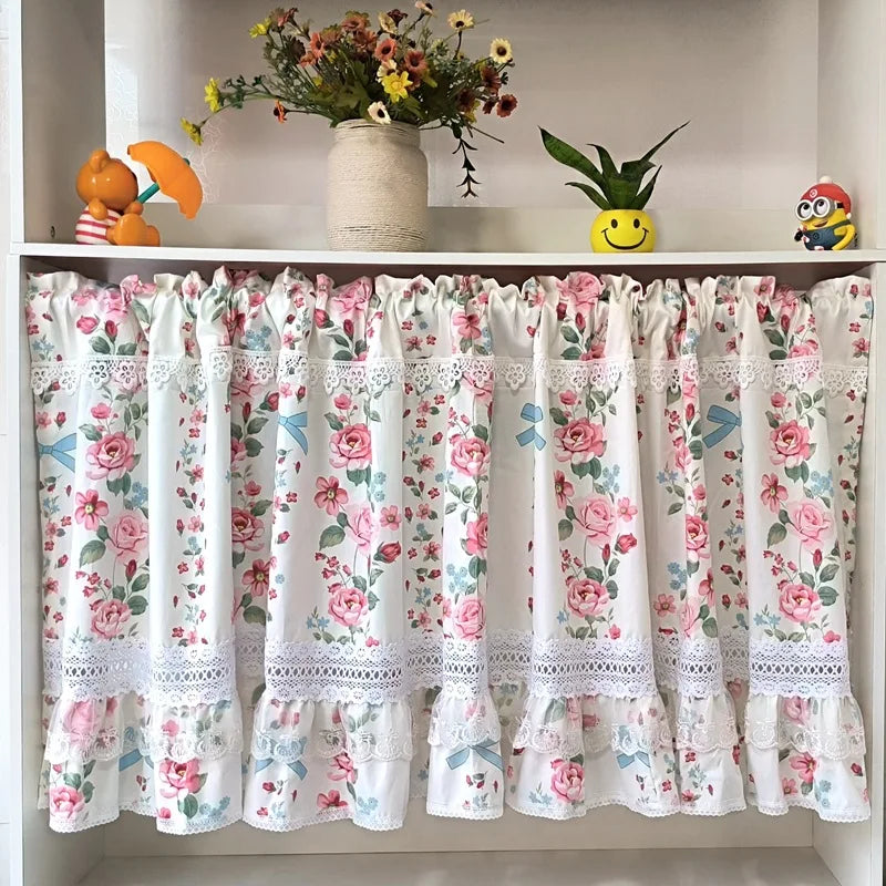 STORESDE Korean Sweet Flowers Short Curtains for Living Room Japanese Elegant Lace Floral Half Curtains for Kitchen #A510