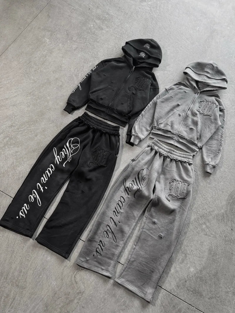 STORESDE Y2K Harajuku Punk Gothic Loose Hooded Sweatshirt American Embroidered Patch Casual Double Hooded High Street Retro Sports Sui