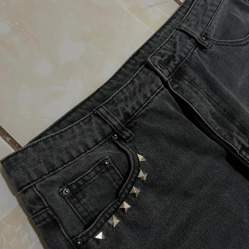 STORESDE Y2k2026 Subculture Fun Monster Teeth Patch Pocket Jeans American Heavy Industry Rivet Old Loose Wide Leg Pants Couple Same Style