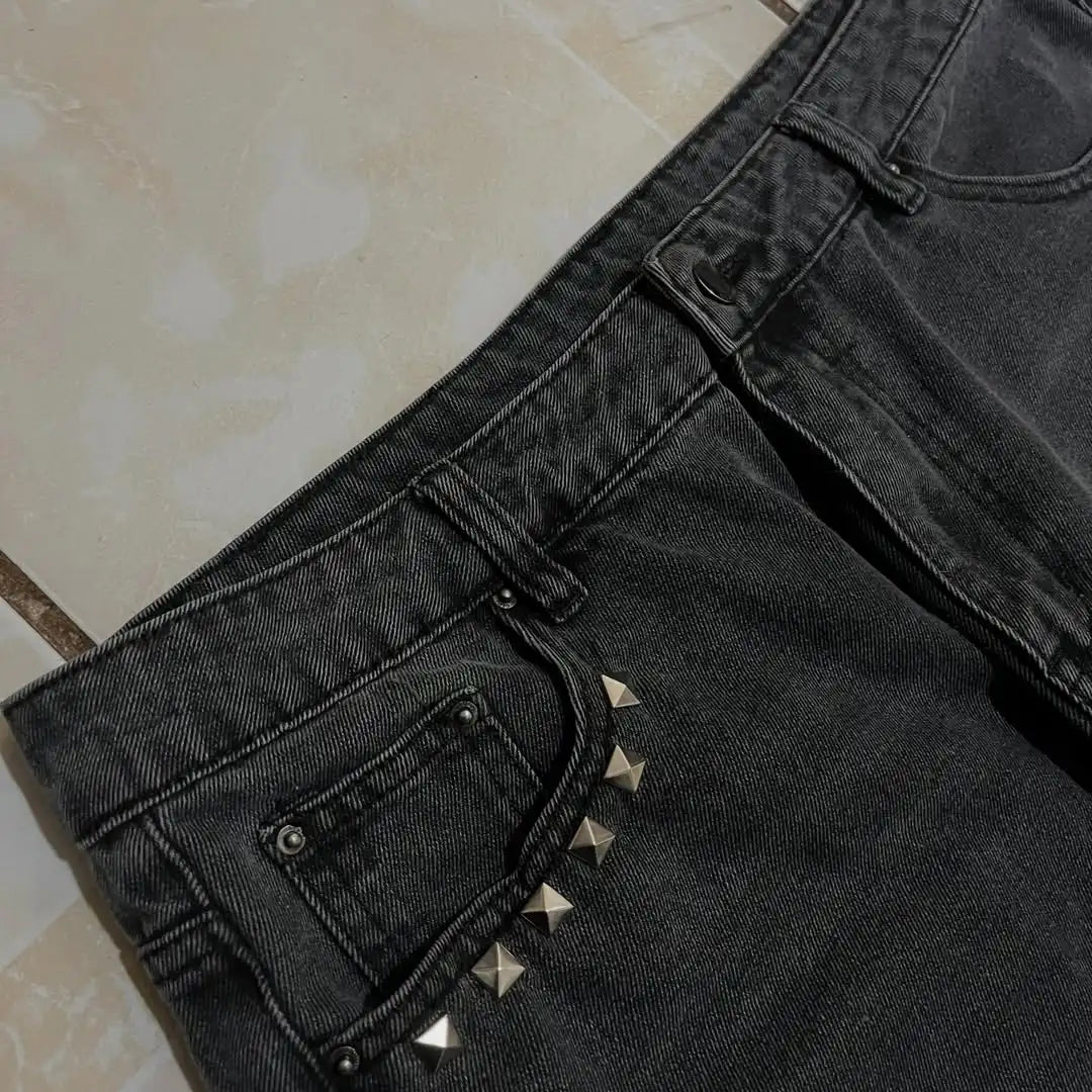 STORESDE Y2k2026 Subculture Fun Monster Teeth Patch Pocket Jeans American Heavy Industry Rivet Old Loose Wide Leg Pants Couple Same Style
