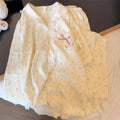 STORESDE Autumn Sweet Princess Style Lace Bow Cloud Cotton Long-Sleeved Trousers Cardigan Pyjamas Young Girl Student Cute Pyjama Set