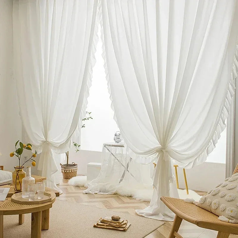 STORESDE White Vintage Ruffle Tulle Curtains For Girls Bedroom Romantic Bay Window Drapes Living Room Soft Chiffon Thicker Sheer