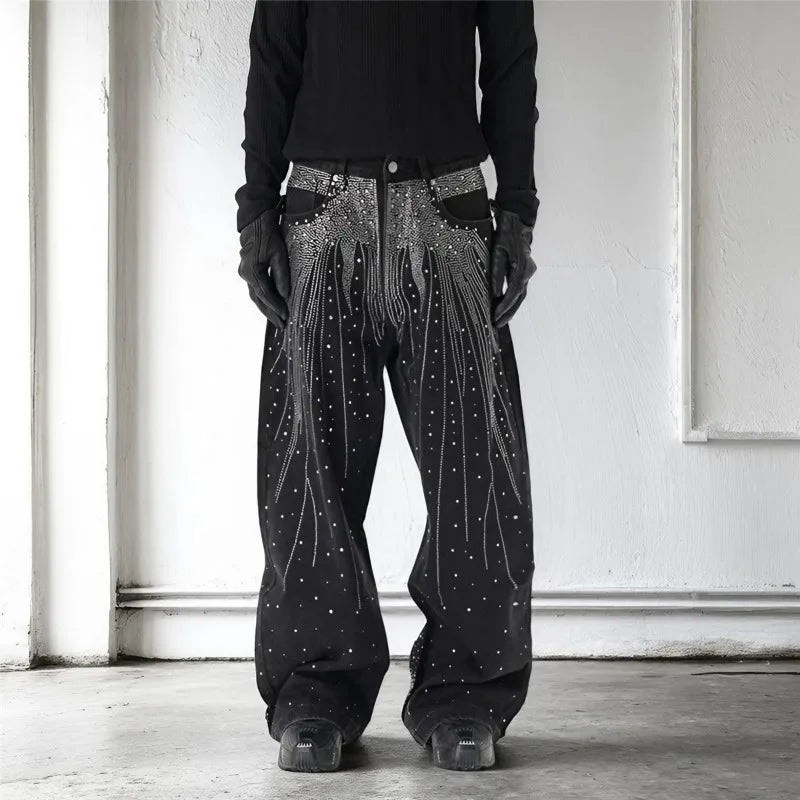 STORESDE Autumn Winter High Street Denim Pants Men's Retro Full Diamond Hot Stamping Hip-hop Loose Straight Leg Wide Leg Streetwear Jeans