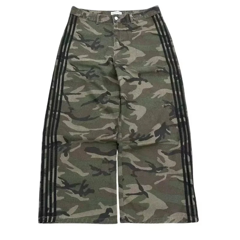STORESDE Retro Y2K Baggy Jeans Wide Leg Denim Pant Men's Camouflage Embroidered Striped Harajuku Sweatpants Women Hip Hop Streetwear Camo