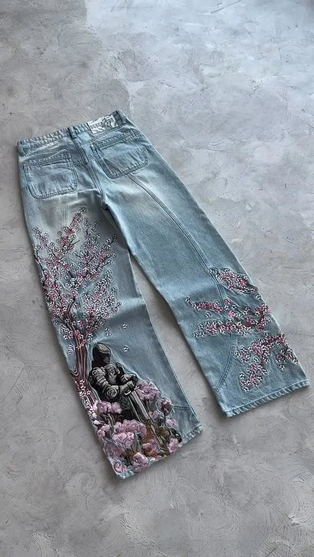 STORESDE Men Women Cherry Blossom Knight All Embroidery Denim Pants Y2k Vintage Baggy Street Straight Jeans High Waisted Washed Blue Jean