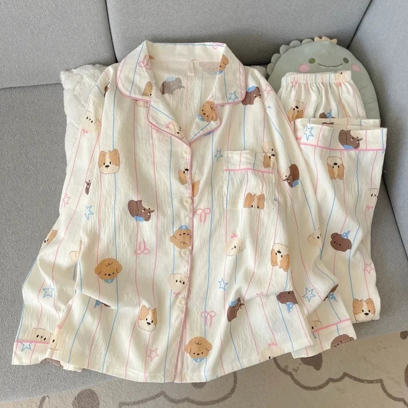 STORESDE Harajuku Style Kawaii Sweet Loungewear 2 PC Set Line Star Dog Print Cute Casual Women's Pajamas Autumn Long New Fashion Homewear