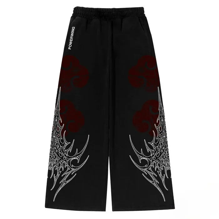 STORESDE Anime Cloud Print Wide Leg Pants Men Women Streetwear Harajuku Loose Trousers with Wing Pattern Elastic Waist Casual Bottoms