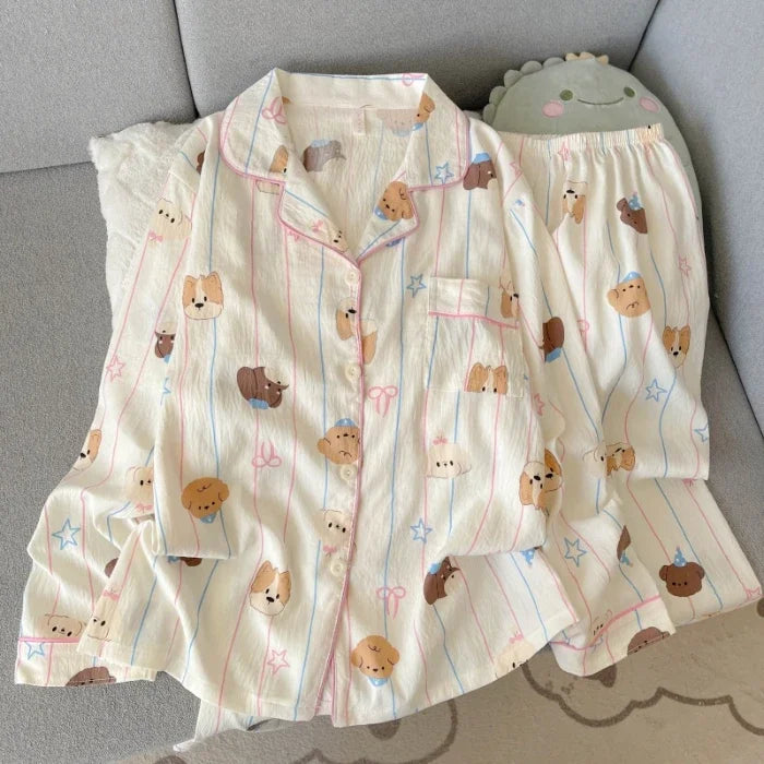 STORESDE Harajuku Style Kawaii Sweet Loungewear 2 PC Set Line Star Dog Print Cute Casual Women's Pajamas Autumn Long New Fashion Homewear