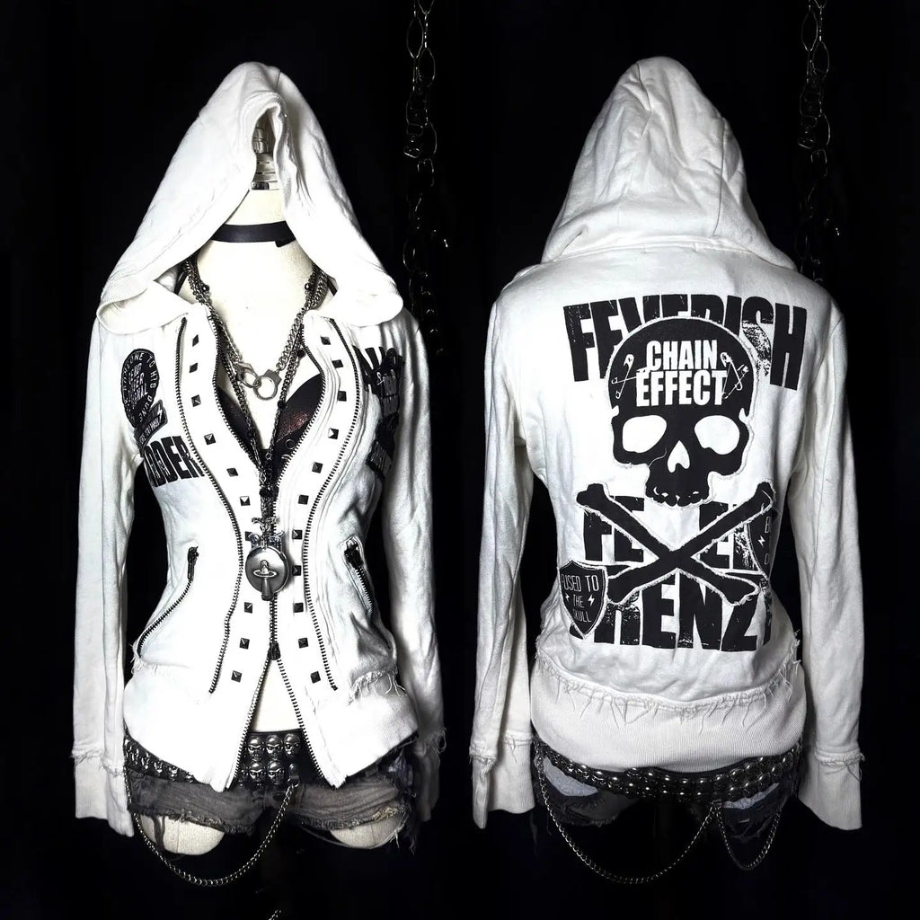 STORESDE Retro Dark Style Zipper Hoodie Y2K Clothes Mens Womens Hip Hop Skull Patch Embroidery White Oversized Sweatshirt Casual Jacket