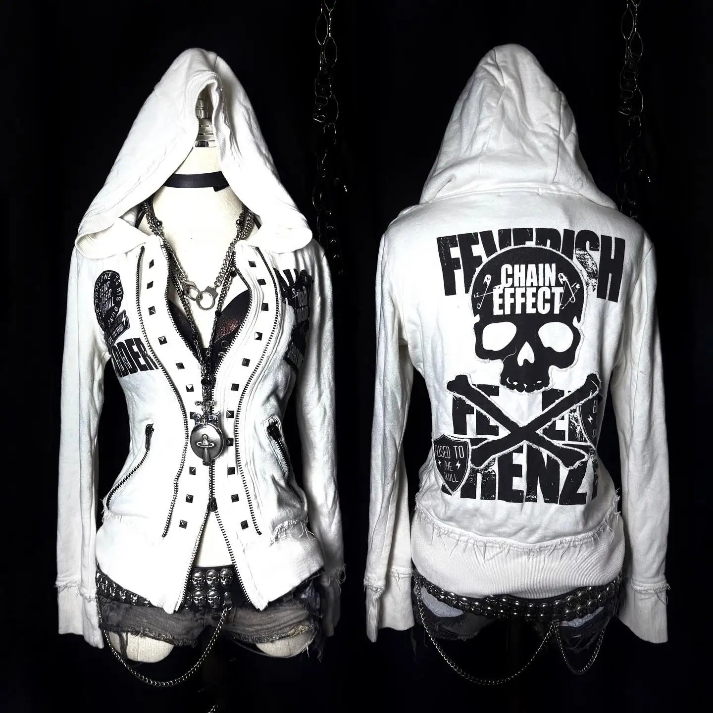 STORESDE Retro Dark Style Zipper Hoodie Y2K Clothes Mens Womens Hip Hop Skull Patch Embroidery White Oversized Sweatshirt Casual Jacket