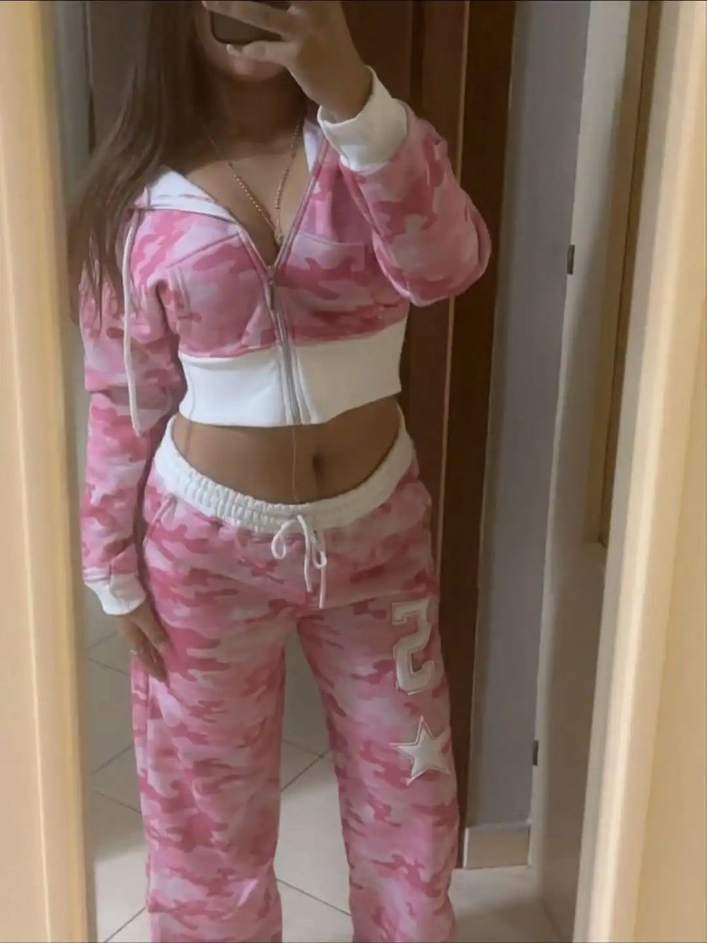 STORESDE Women Pink Camouflage Set 2026 Y2K Streetwear Female Sportswear Gym Workout American Hip Hop Hoodie Two Piece Set Tracksuit