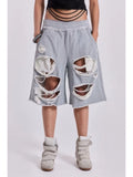 STORESDE HOUZHOU Gray Distressed Baggy Shorts Women Casual Grunge Wide Leg Sport Shorts Hip Hop Streetwear Oversized Holes Sweatpants