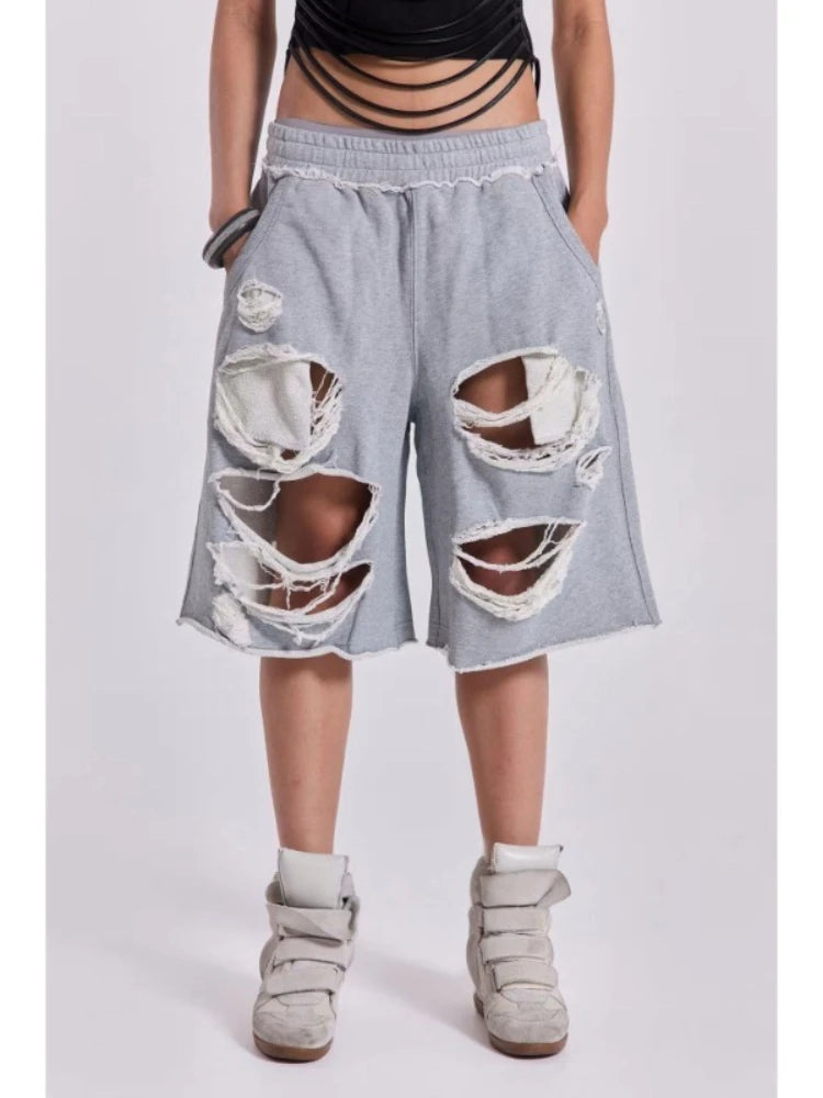 STORESDE HOUZHOU Gray Distressed Baggy Shorts Women Casual Grunge Wide Leg Sport Shorts Hip Hop Streetwear Oversized Holes Sweatpants